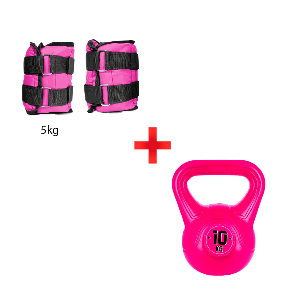 Combo Fitness: Tobilleras de 5kg Color Rosa + Pesa Rusa de 10 kg Rosa