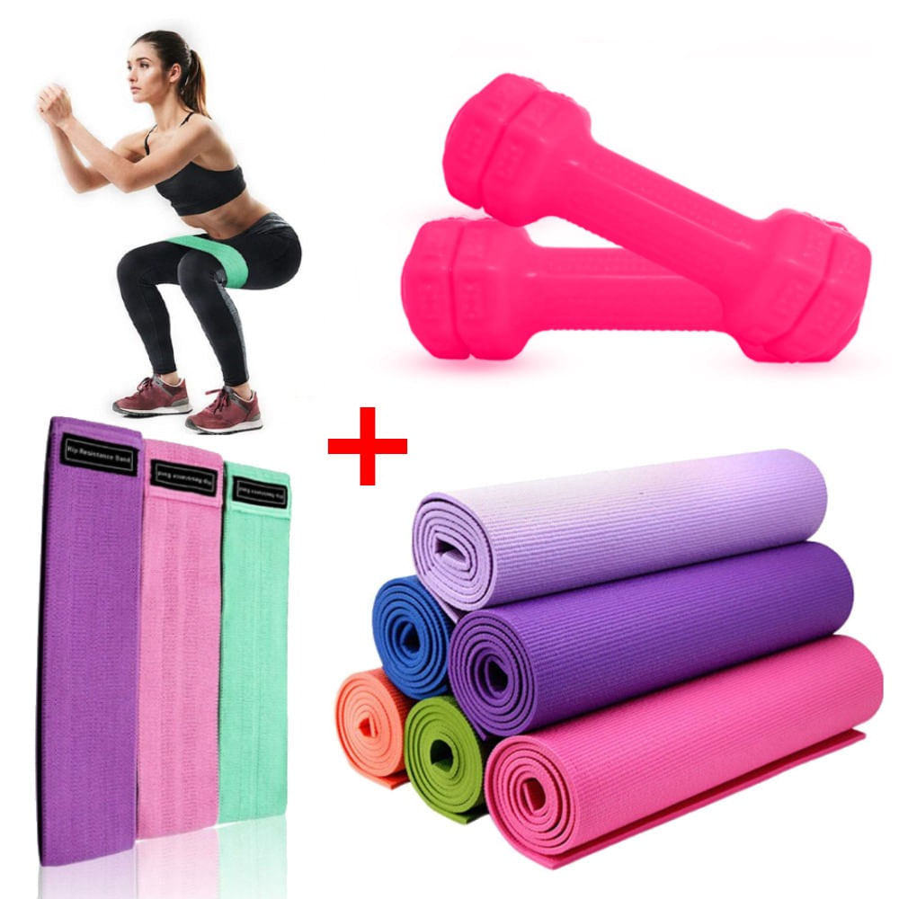 Combo Mat de Yoga 6 mm + 3 Bandas Elásticas de Tela + 2 Mancuernas x 3 kg Rosado