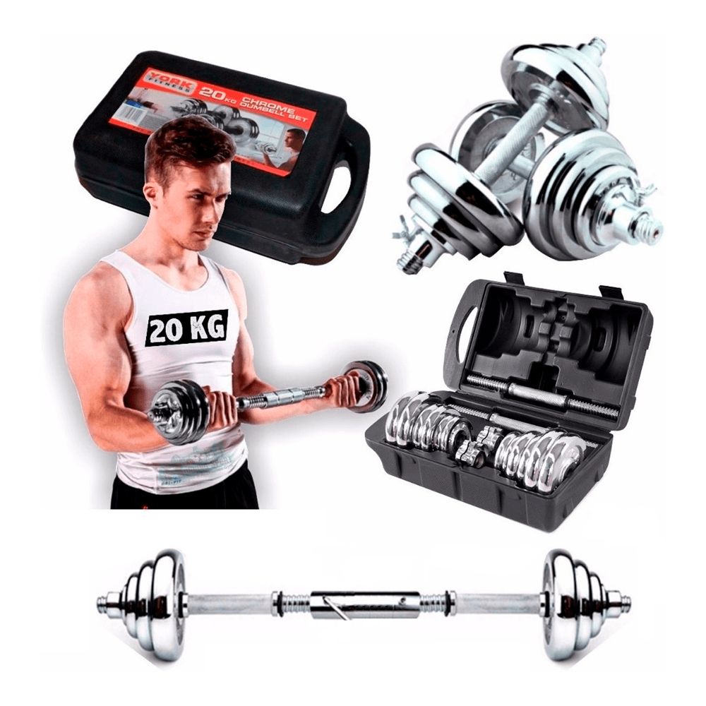 Set De 20 kg Pesas Cromadas + Mancuernas + Adaptador +maletín