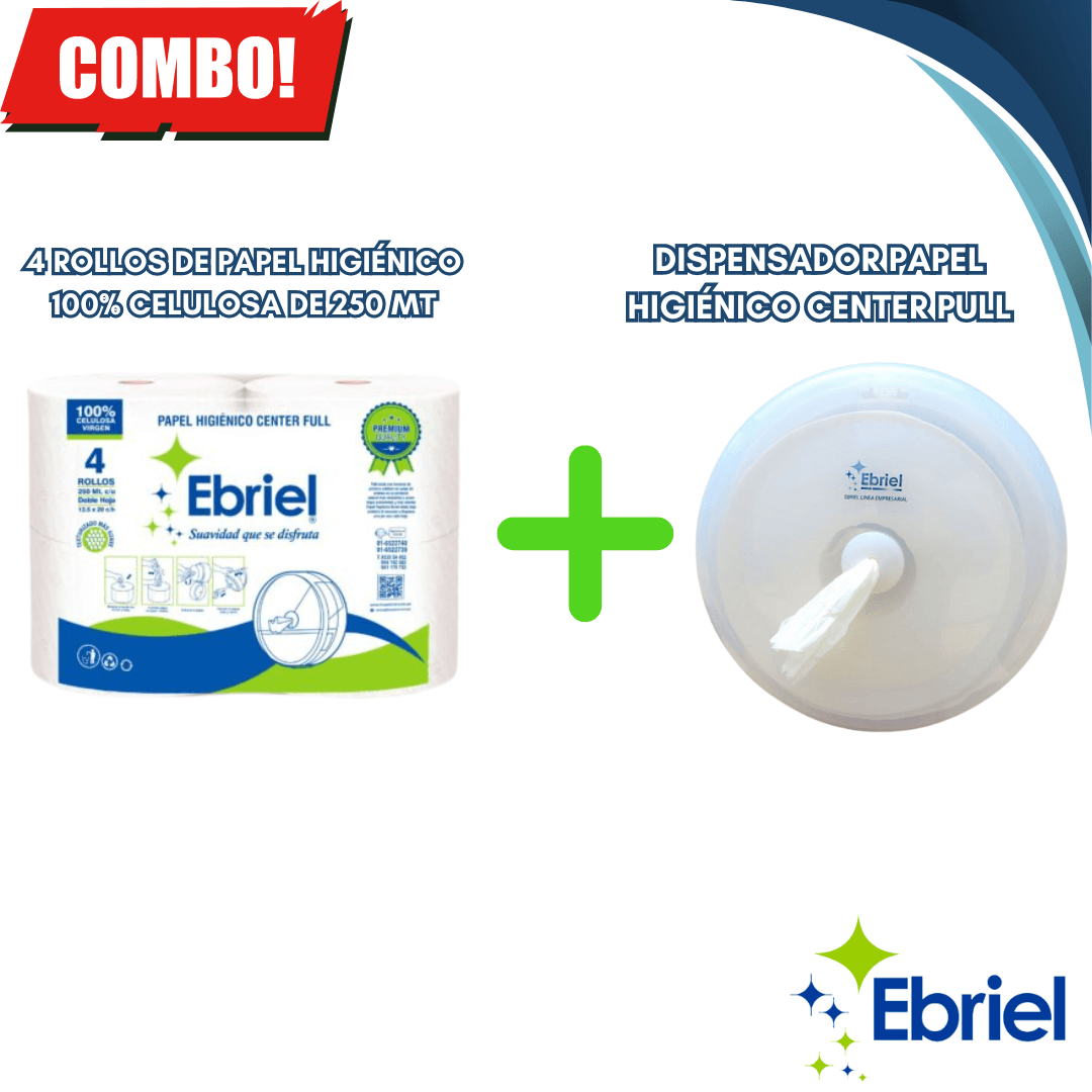 DISPENSADOR PAPEL HIGIÉNICO CENTER PULL + 4 ROLLOS DE PAPEL HIGIÉNICO 100% CELULOSA DE 250 MT