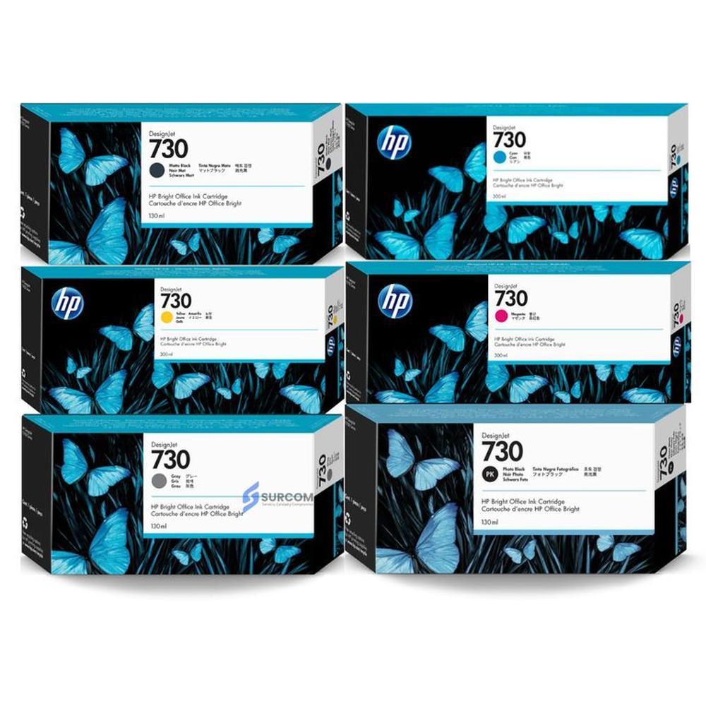 Kit Tinta HP 730 300ml Mate Black Photo Black Gris Cian Magenta Yellow