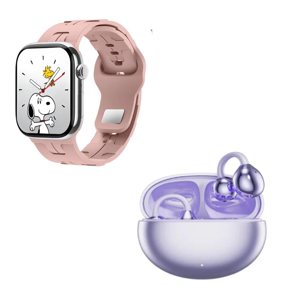 SMARTWATCH HK10 MINI PLUS ROSADO Y AUDÍFONOS Q87 TIPO ARETE LILA