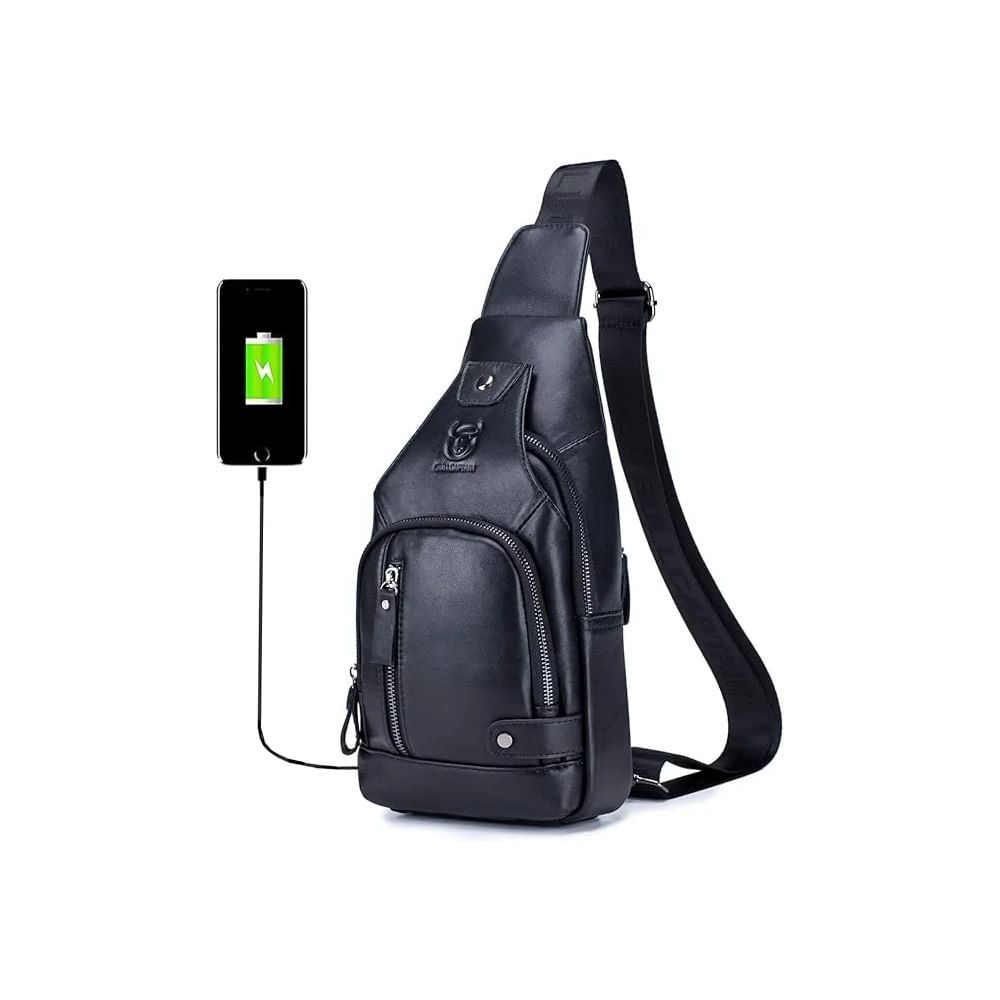 BULLCAPTAIN Morral de cuero genuino con puerto de carga USB