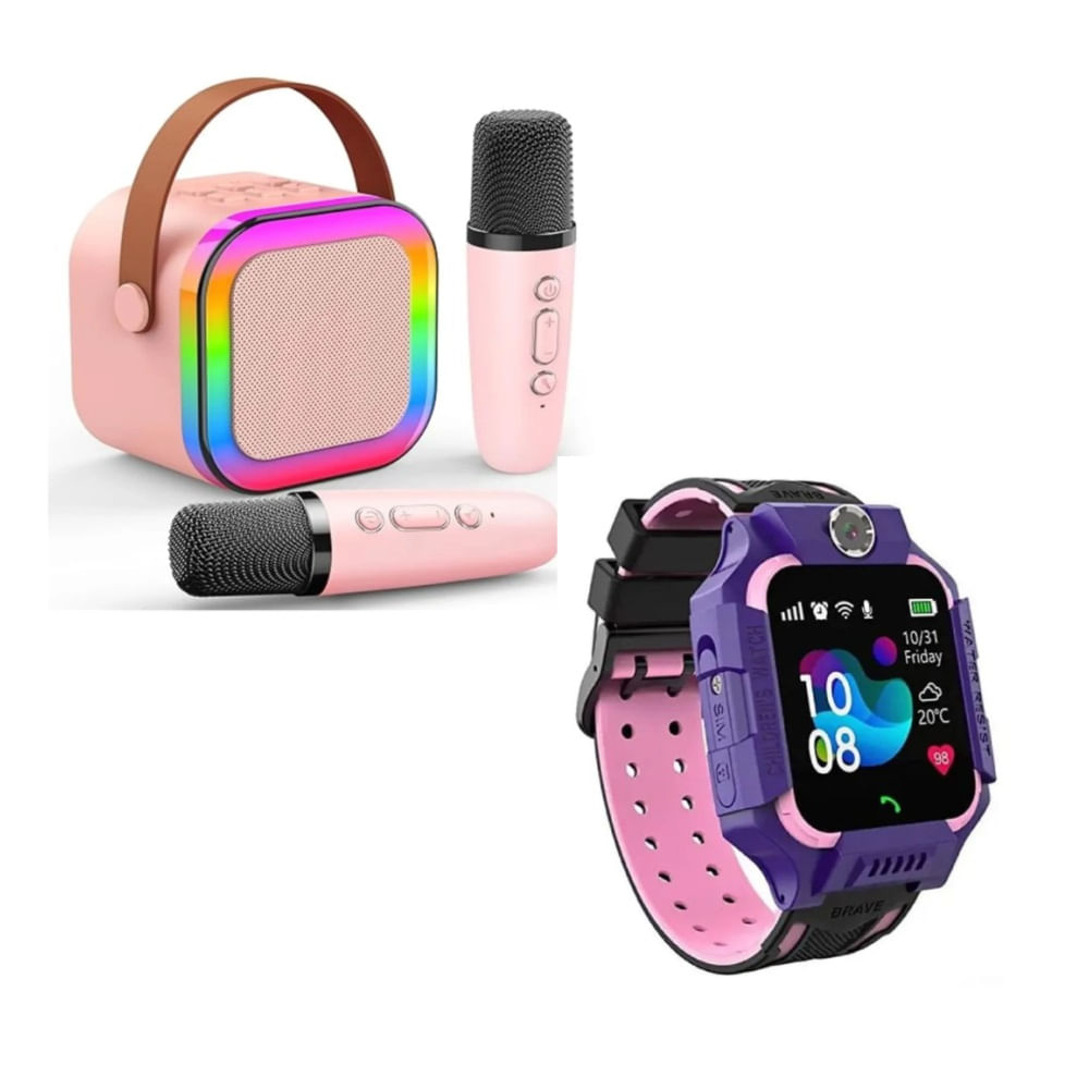 Smartwatch para Niña Q19 Morado y Mini Parlante Karaoke Con Doble Micrófono Y Luces RGB