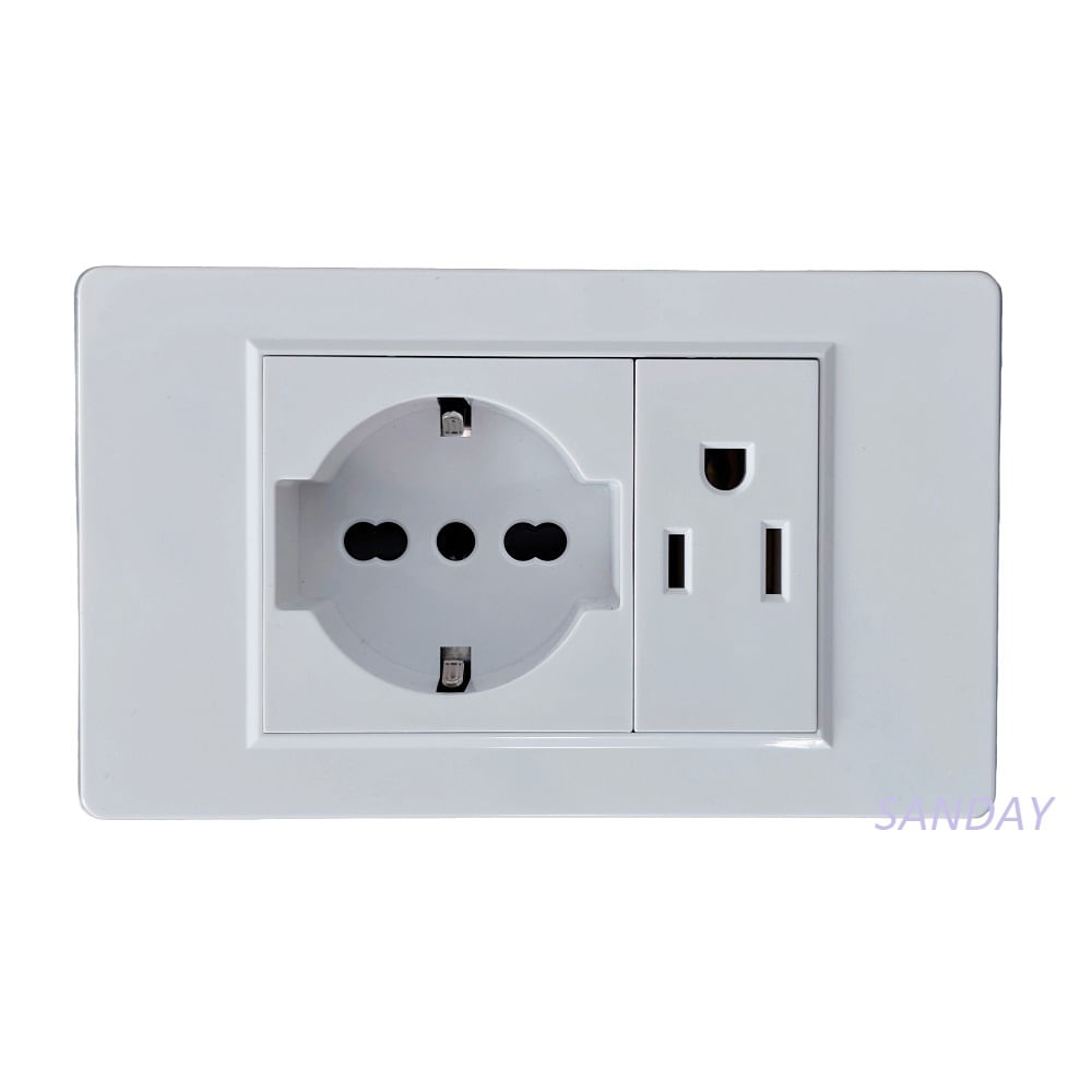 TOMACORRIENTE DOBLE 01 SCHUKO Y 01 AMERICANO CON TIERRA PLACA BLANCA Y DADOS BLANCOS SANDAY TOMACORRIENTE DOBLE 01 SCHUKO Y 01 AMERICANO CON TIERRA PLACA BLANCA Y DADOS BLANCOS SANDAY