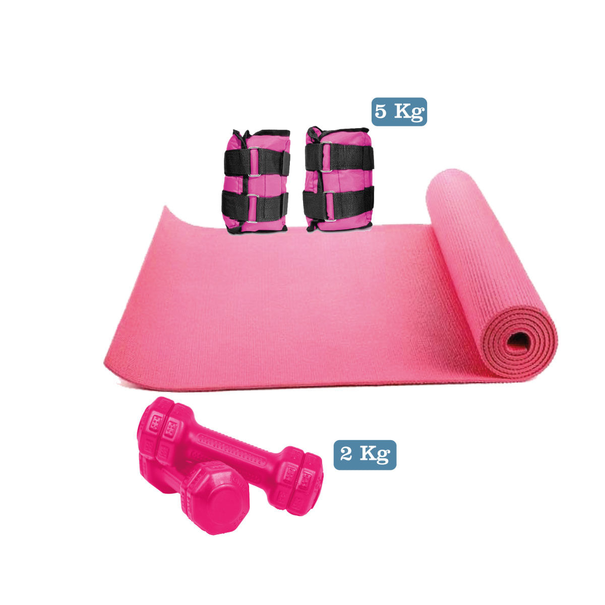 Combo Fit Tobillera Rosada 5Kg+Mancuerna 2Kg+ Mat 5mm