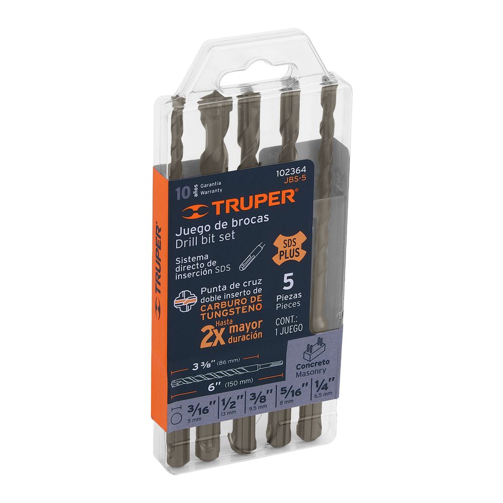 Juego de 5 Brocas para Concreto SDS Plus Truper 102364 Juego de 5 Brocas para Concreto SDS Plus Truper 102364