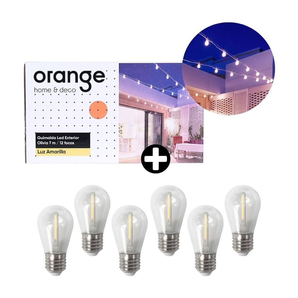 COMBO Guirnalda LED Olivia 12 Focos Luz Cálida 7m + Foco Vintage S14 E27 1W Luz Cálida Clear x 6 unidades Orange