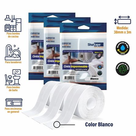Cinta Impermeable Blanco Pack x3 und - para baño y cocina 38mm x 3m