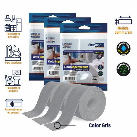 Cinta Impermeable Gris Pack x3 und - para baño y cocina 38mm x 3m