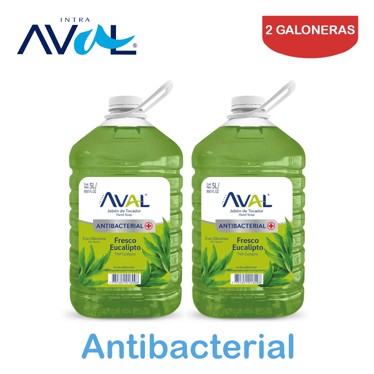 Jabón Líquido Antibacterial Aval Galón 5 Litros Eucalipto Pack 2 Galoneras