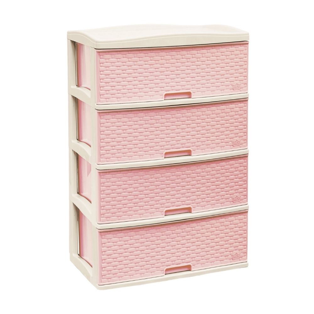 Cómoda Plástica Reyplast Kusi Ratan 4 Pisos Rosado Bebé con Beige