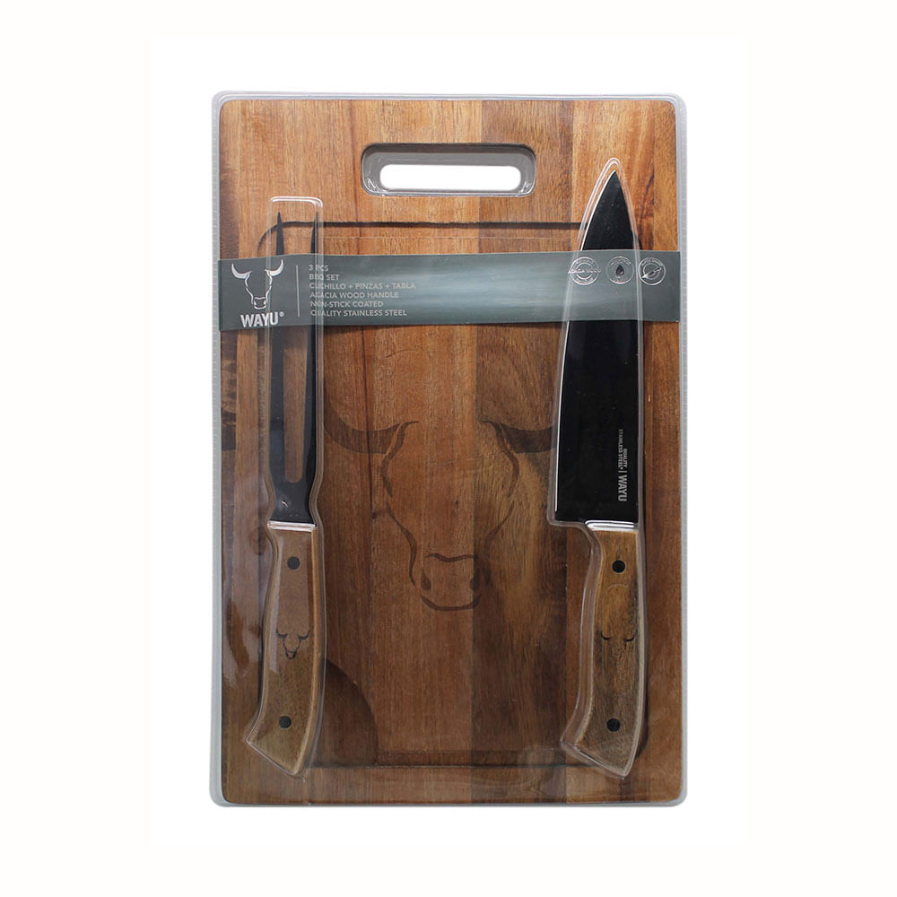Tabla + Cuchillo + Tenedor Wayu Modelo 22141997776 de Acero Inoxidable y Madera