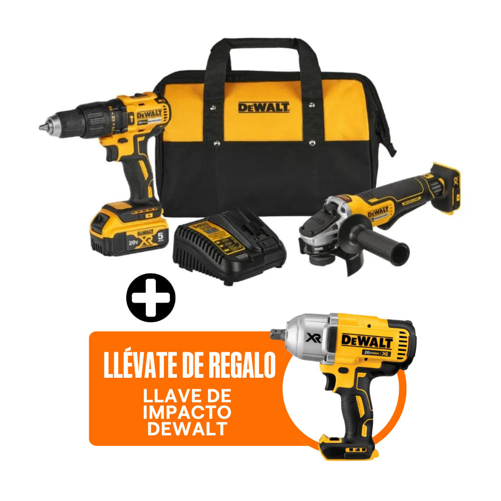 COMBO Dewalt Inalámbrico DCK248P1-K10 : Taladro Percutor + Esmeril Angular + Llave de Impacto + Bateria 5ah