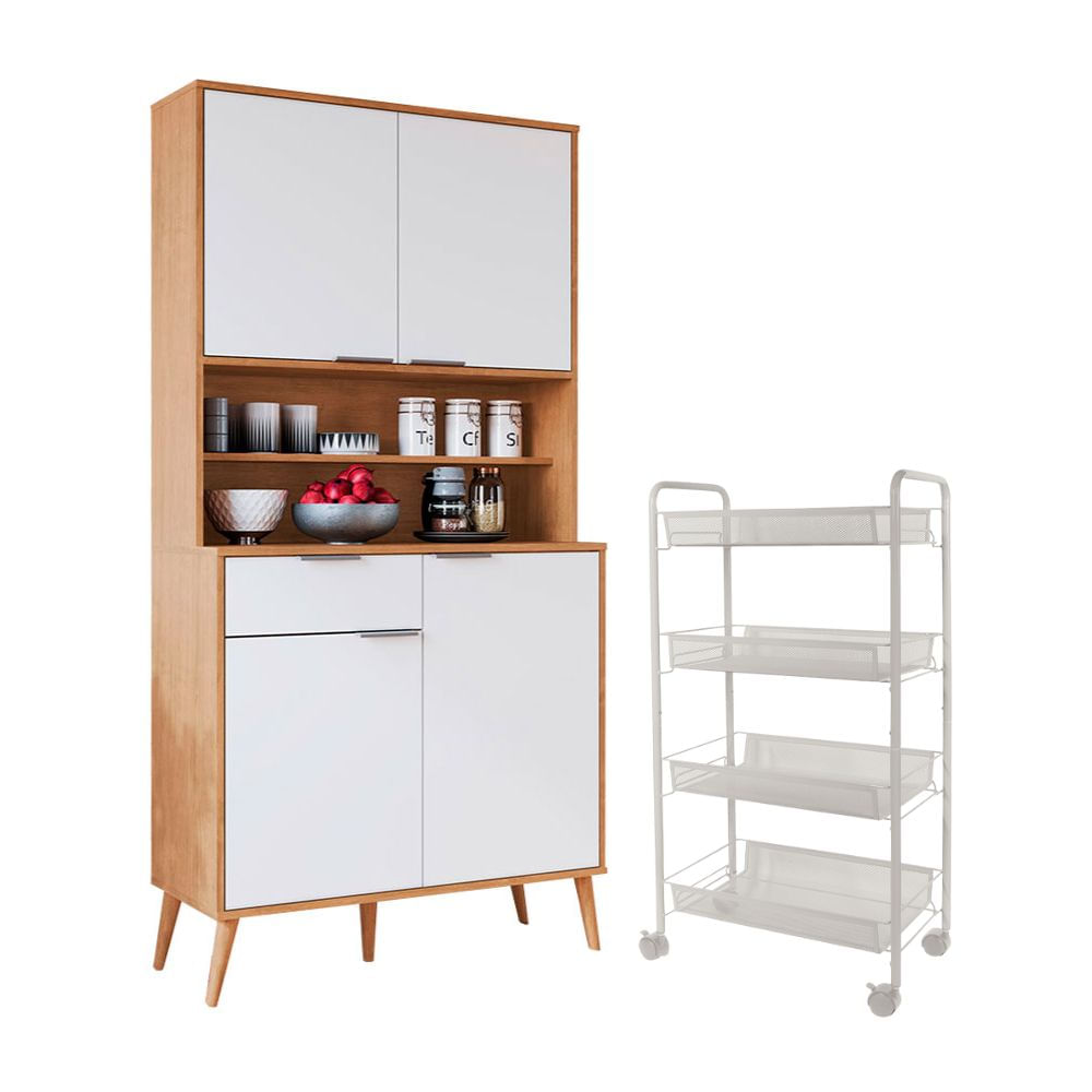 Combo Orange: Mueble Alacena de Cocina Madison 90cm MDP + Carrito para Frutas y Verduras Blanco Orange