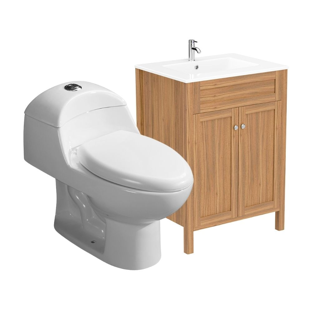 COMBO Vanitorio MDF 60cm Modelo Hermes Miel + Inodoro One Piece Cerámico Ártico Blanco con Descarga Dual Orange