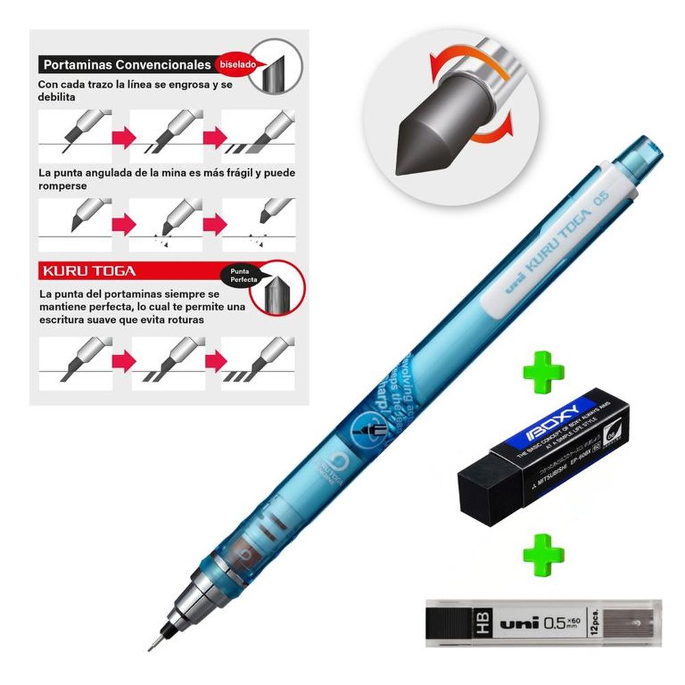 UNI Kurutoga Portaminas auto-tajable Celeste mas Borrador Boxy y Minas HB