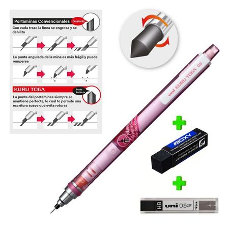 UNI Kurutoga Portaminas auto-tajable Rosado mas Borrador Boxy y Minas HB UNI Kurutoga Portaminas auto-tajable Rosado mas Borrador Boxy y Minas HB