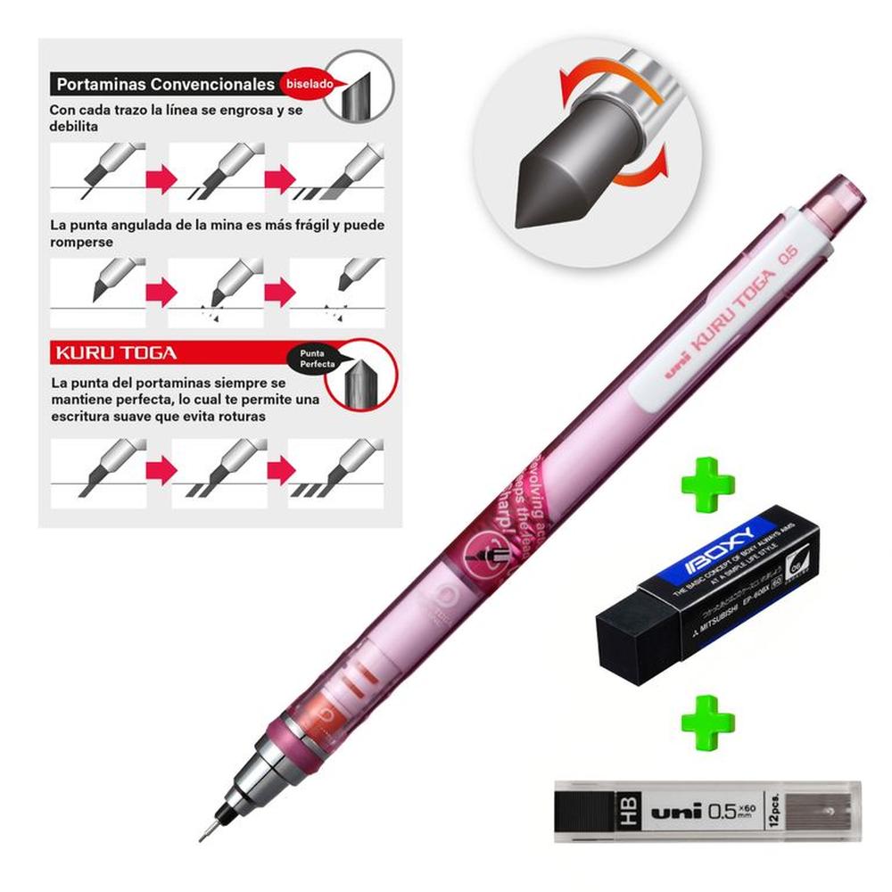 UNI Kurutoga Portaminas auto-tajable Rosado mas Borrador Boxy y Minas HB