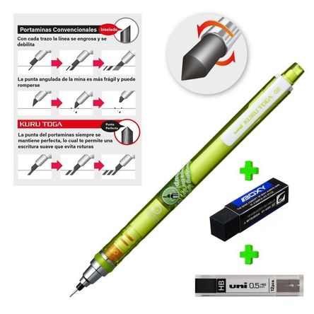 UNI Kurutoga Portaminas auto-tajable Verde mas Borrador Boxy y Minas HB