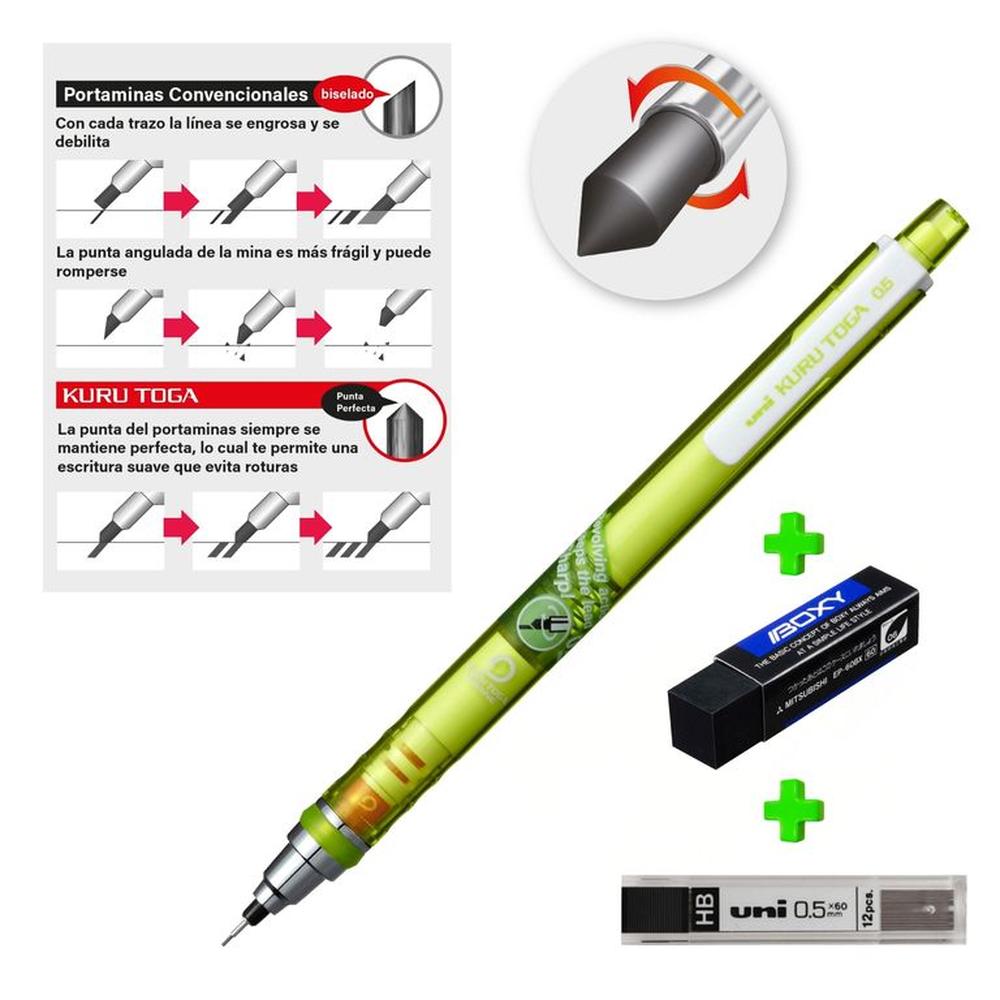 UNI Kurutoga Portaminas auto-tajable Verde mas Borrador Boxy y Minas HB