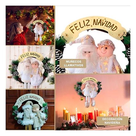 Corona Navideña con Dos Muñecos Grandes de Casa en Blanco