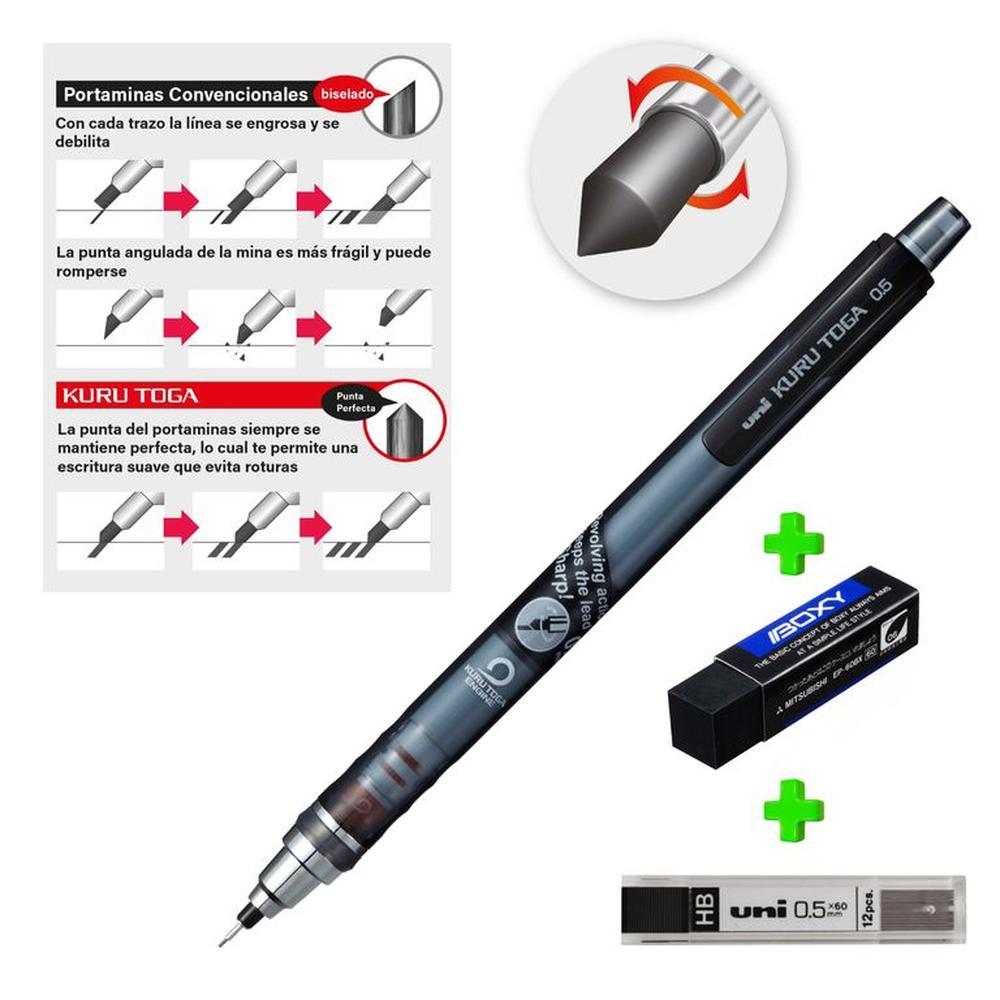 UNI Kurutoga Portaminas auto-tajable Negro mas Borrador Boxy y Minas HB