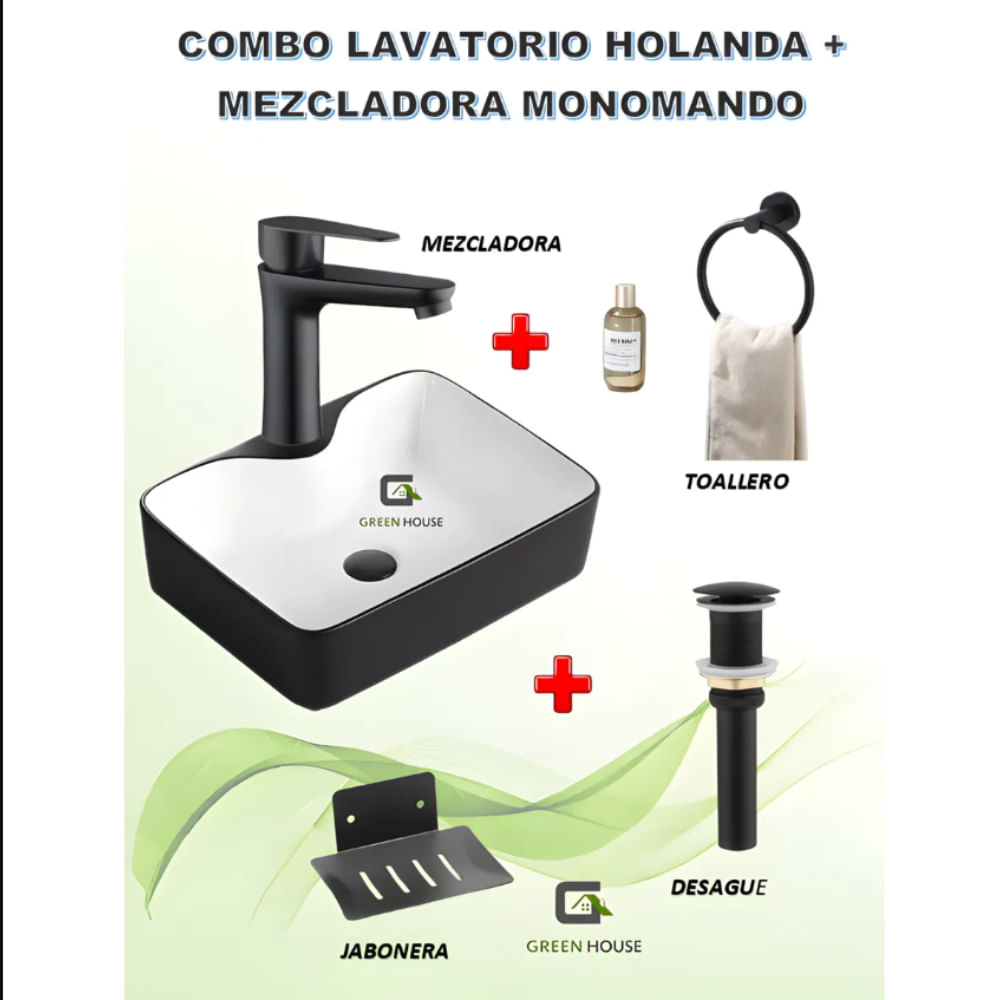 COMBO DE LAVATORIO HOLANDA NEGRO MATE CON BLANCO MEZCLADORA MONOMANDO