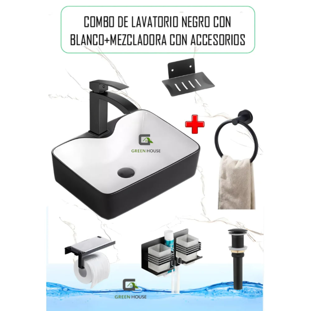 COMBO DE LAVATORIO NEGRO CON BLANCO MEZCLADORA CON ACCESORIOS