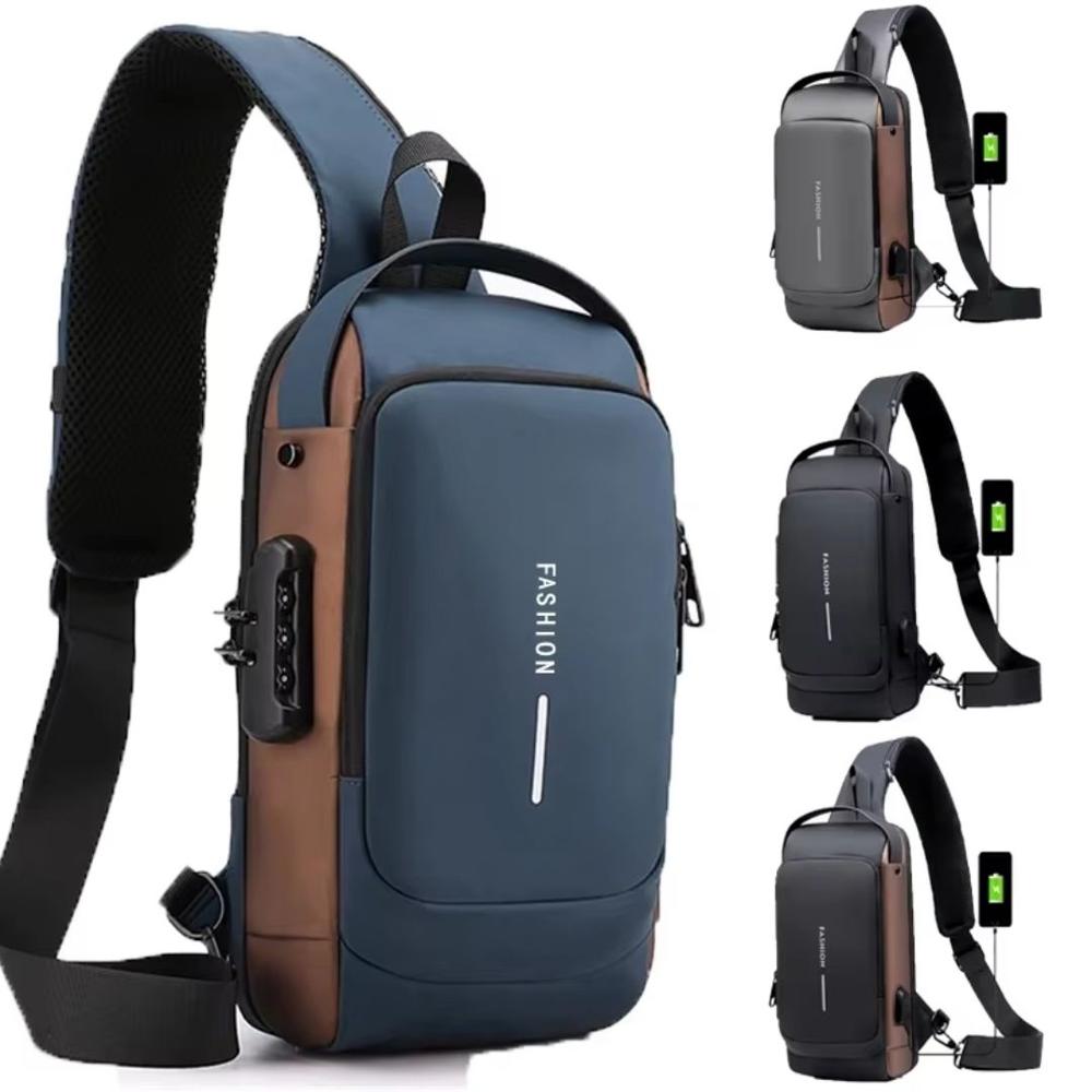 Mochila Cruzada con Clave Antirrobo Impermeable Carga Usb Azul