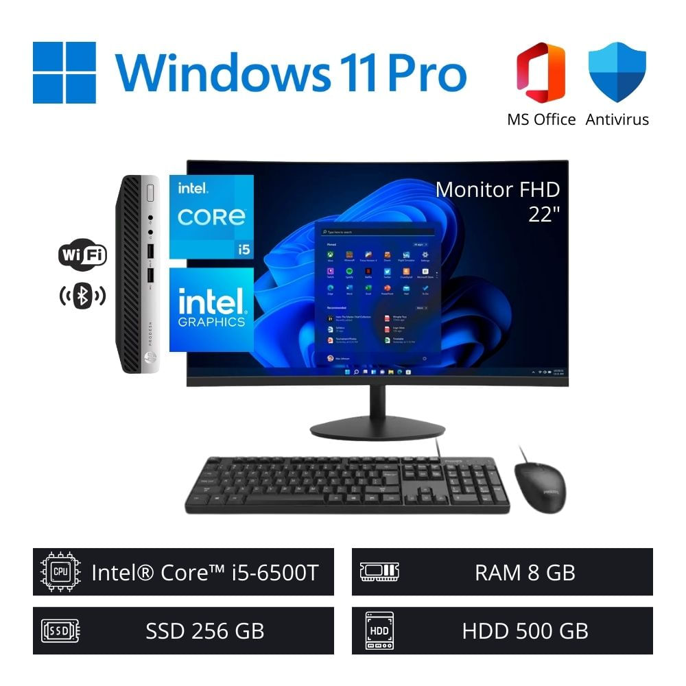 Computadora PC Intel ci5-6500T 8GB RAM 256GB SSD 500GB HDD + Monitor 22” FHD WiFi+BT Reacondicionado