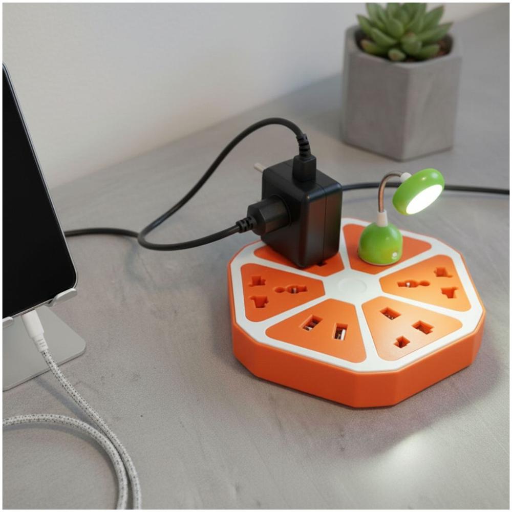 Cargador Multipuerto 8 en 1 Extensión Eléctrica 4 Puertos USB y 4 Tomacorrientes Naranja