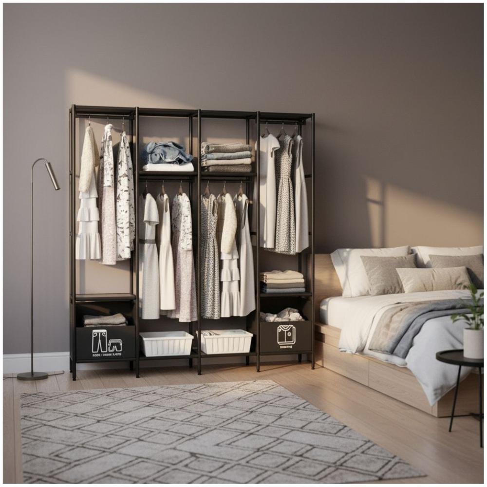 Ropero Colgador Multifuncional Organizador de Ropa 4 Cuerpos 170x170x39cm Negro