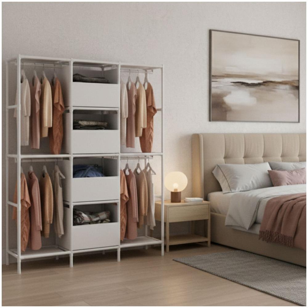 Ropero Colgador Multifuncional C4 Organizador de Ropa 3 Cuerpos 170x126x45cm Blanco