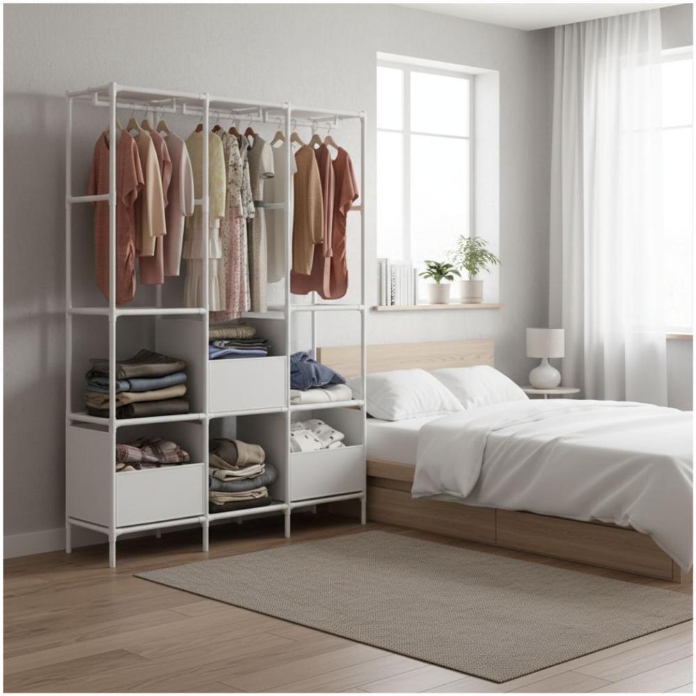 Ropero Colgador Multifuncional C3 Organizador de Ropa 3 Cuerpos 170x126x45cm Blanco