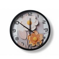 Reloj de Pared Redondo Modelo Margaritas  Marco Negro Fondo Blanco 20 cm