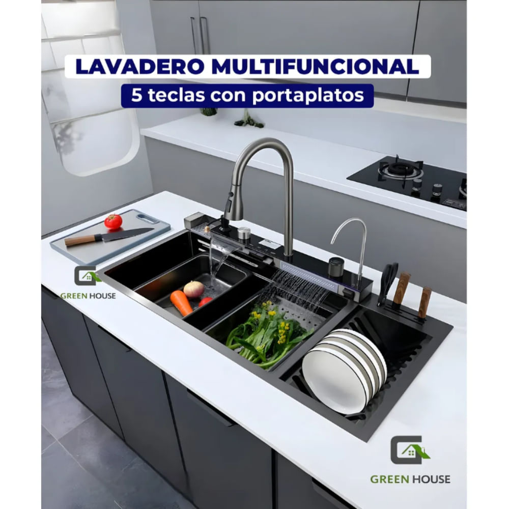 LAVADERO MULTIFUNCIONAL DE COCINA CON LUCES 5 TECLAS ESCURRIDOR ACERO INOXIDABLE