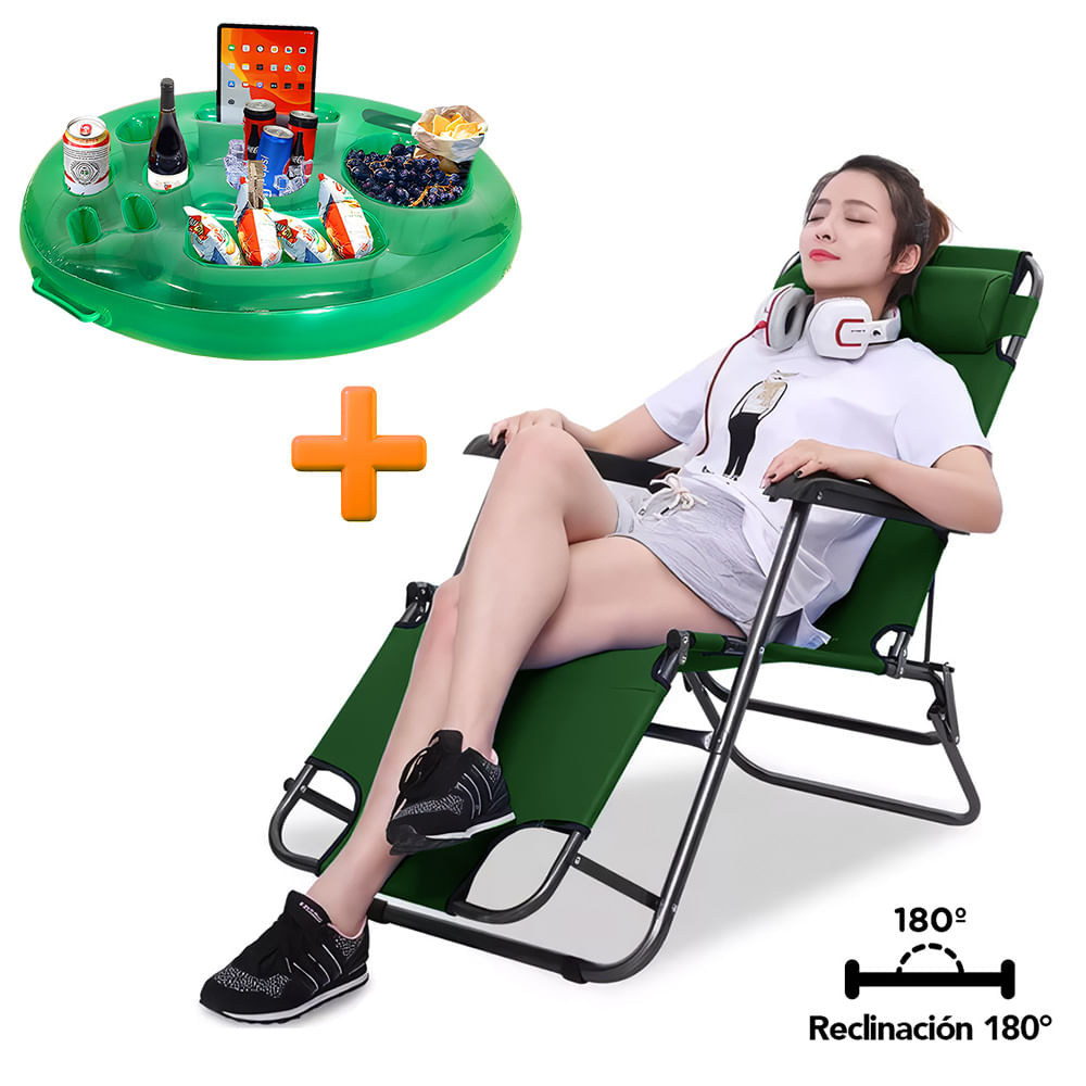 Silla Camping Reclinable 180° Plegable Verde HN3 Y Soporte Inflable para Piscina B60