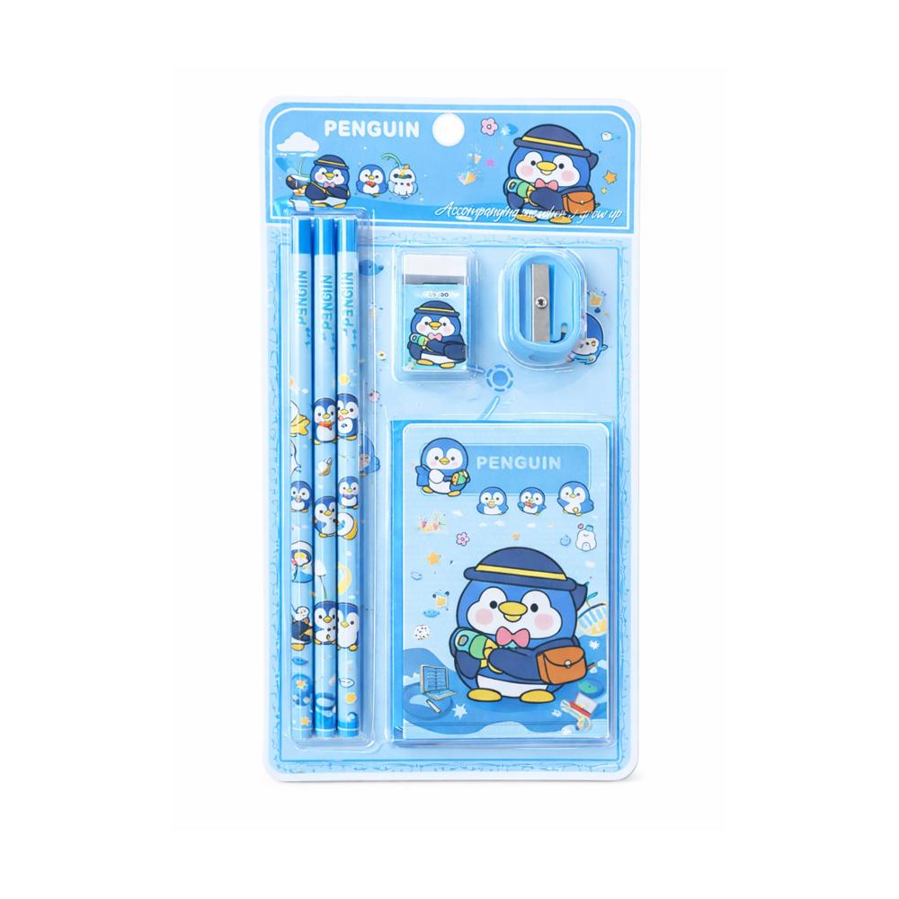 Set escolar pinguinos 3 lapices tajador borrador mini agenda