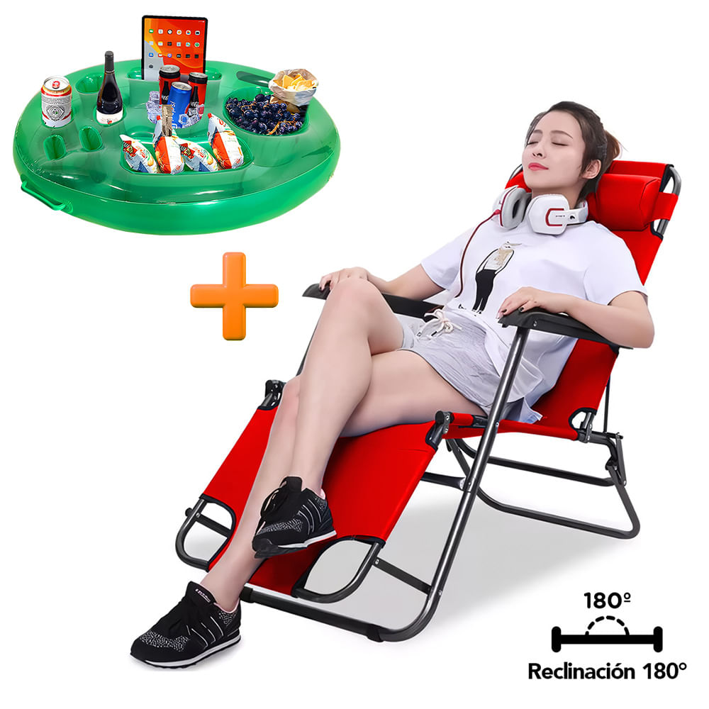 Silla Camping Reclinable 180° Plegable Rojo HN3 Y Soporte Inflable para Piscina B60
