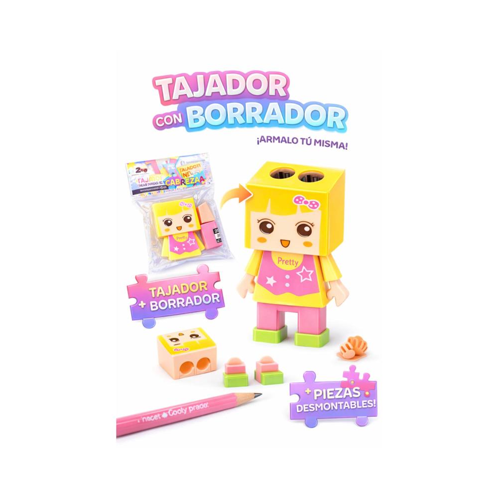 Tajador tipo lego con borrador y piezas intercambiables