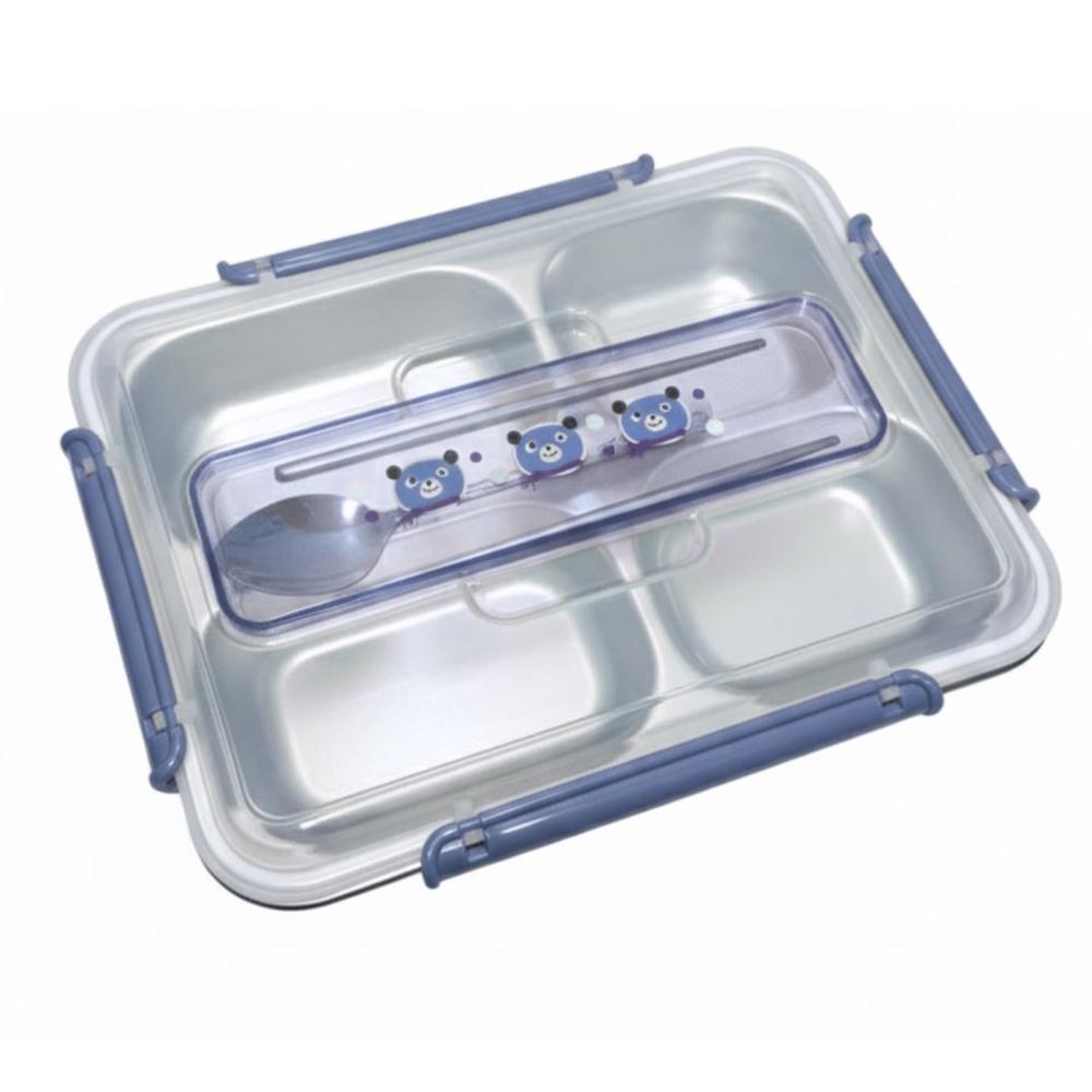 Táper con 4 Divisiones Compartimientos Cubiertos Cuchara y Palillos Lonchera Personal