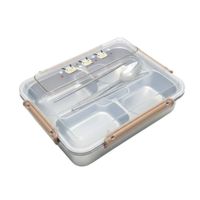 Táper con 4 Divisiones Compartimientos Cubiertos Cuchara y Palillos Lonchera Personal Rosa