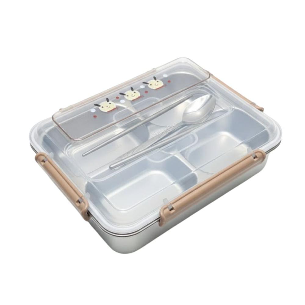 Táper con 4 Divisiones Compartimientos Cubiertos Cuchara y Palillos Lonchera Personal Rosa